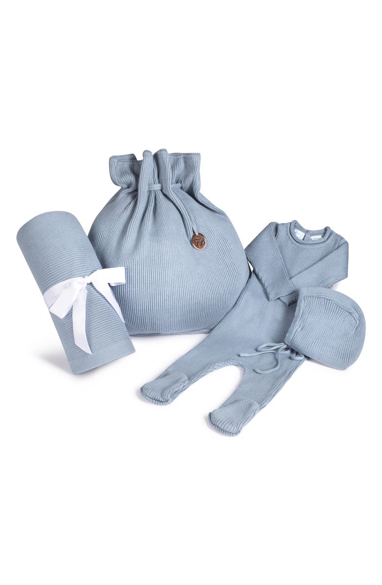 Feltman Brothers Ribbed Knit Footie, Bonnet, Blanket & Gift Bag Set, Main, color,