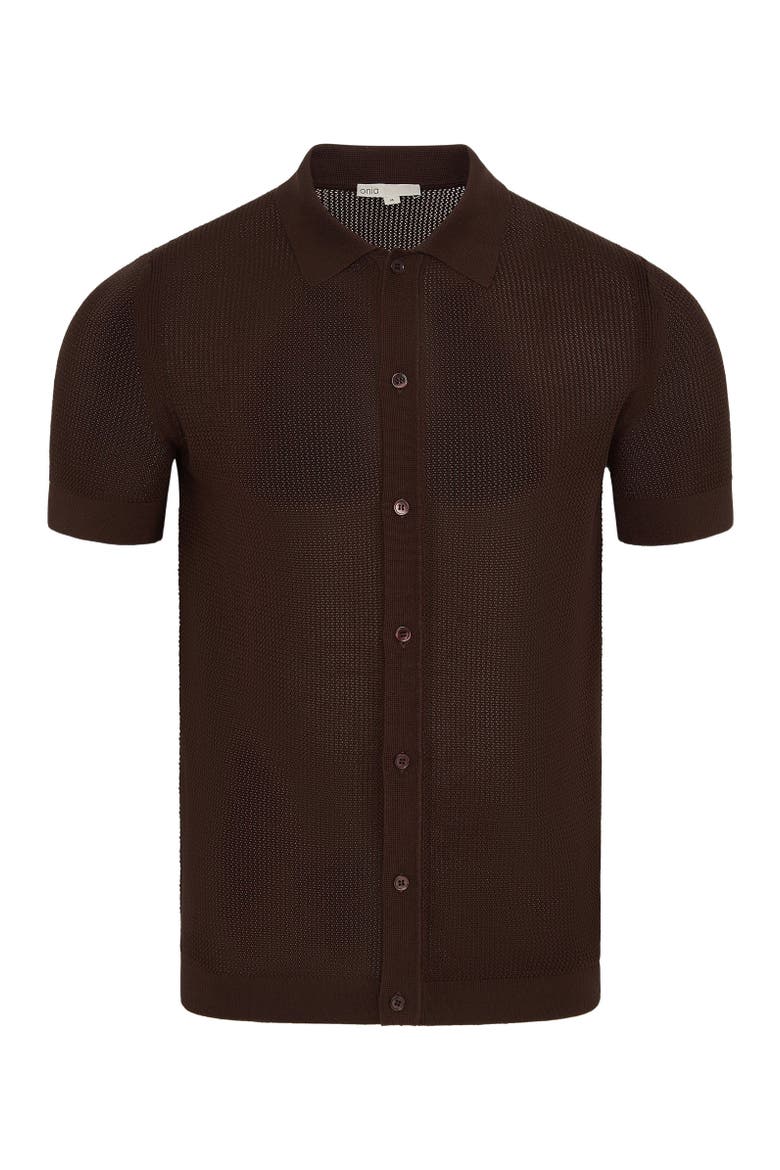 Crochet Knit Button Up Short Sleeve Shirt, Alternate, color, Espresso