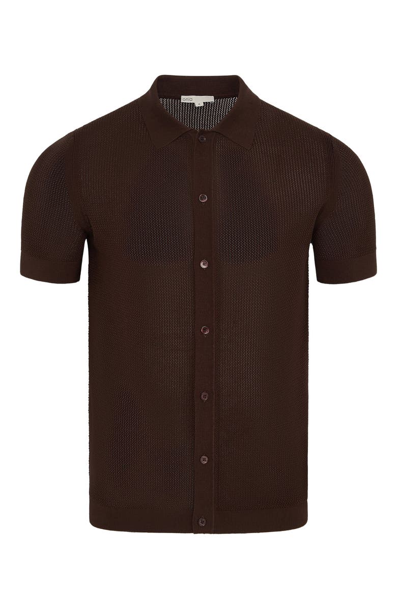 Onia Crochet Knit Button Up Short Sleeve Shirt, Alternate, color, Espresso