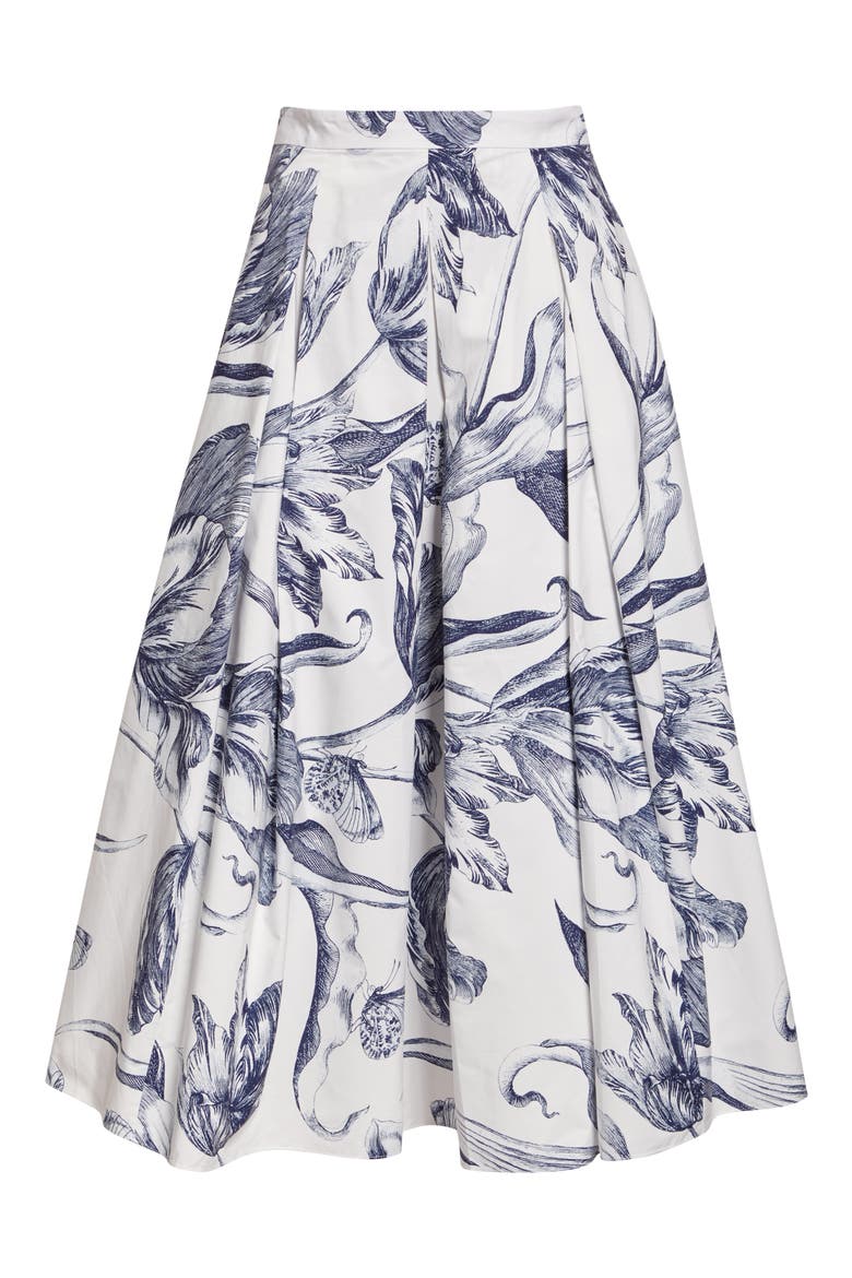 Print Pleated Cotton Midi Skirt, Alternate, color, BOTANICAL ENGRAVING IVORY