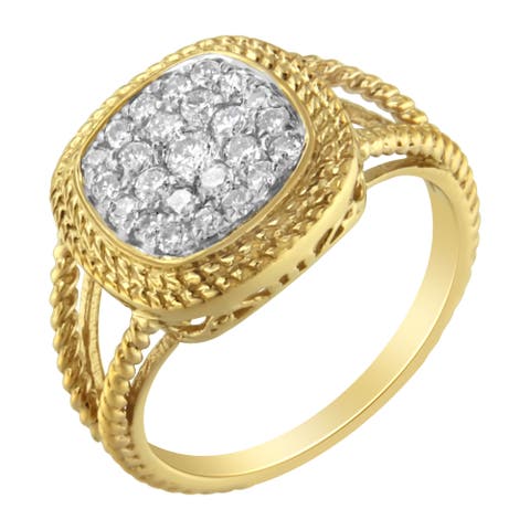 10K Yellow Gold Plated Silver 1/2 Ctw Diamond Cushion Split Shank Cocktail Ring