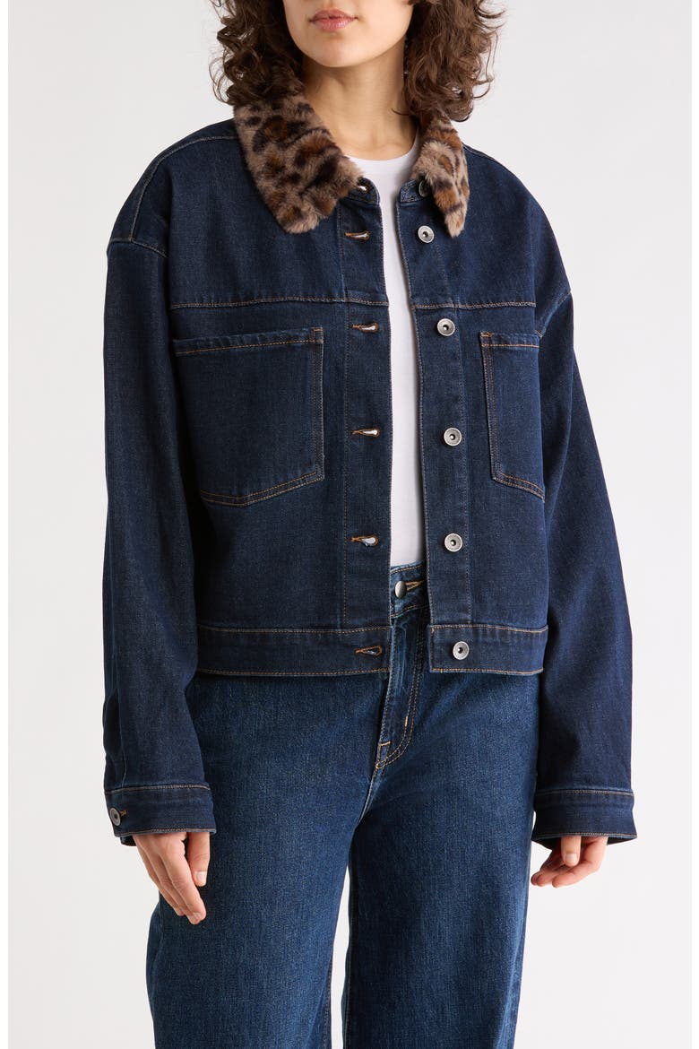 Faux Fur Collar Crop Denim Jacket, Main, color, BLUE RINSE