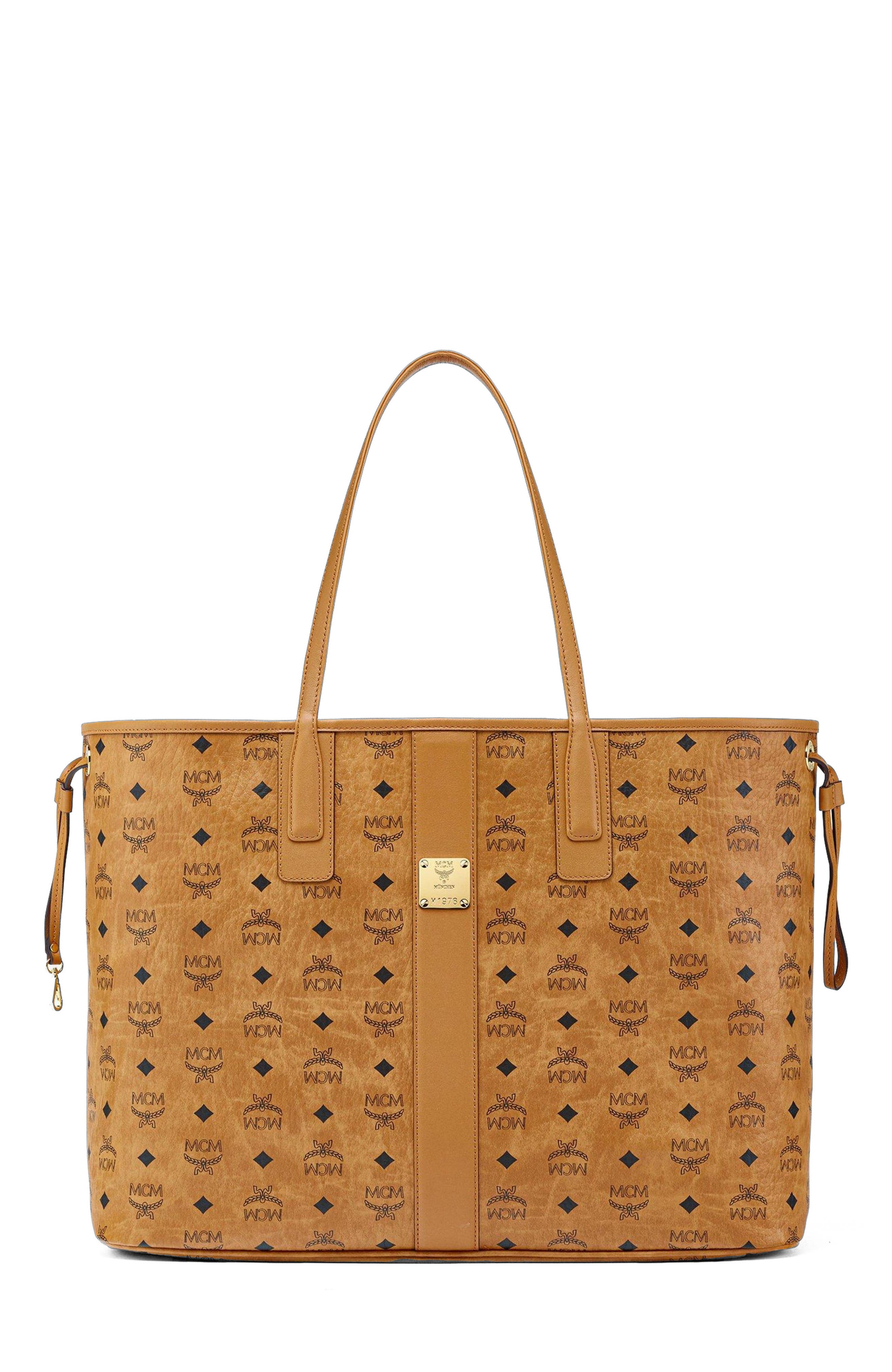 MCM Large Reversible Liz Shopper in Visetos, Main, color, Cognac