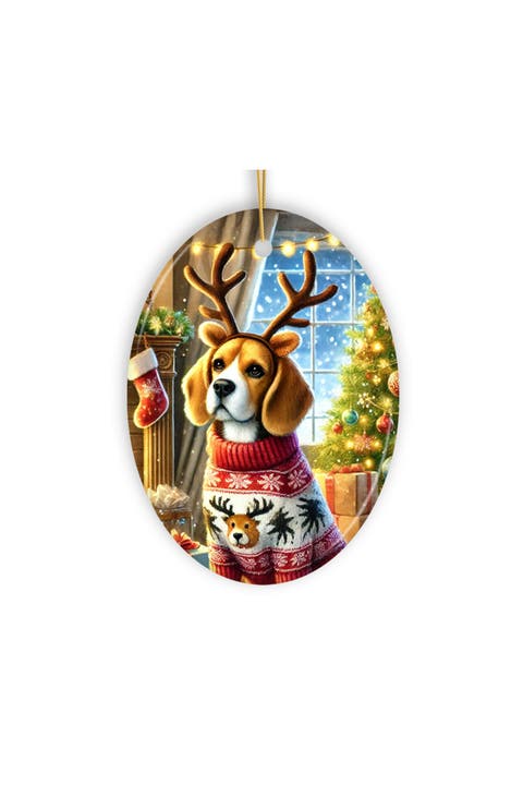 Fireplace Beagle Reindeer Antler Oval Ornament