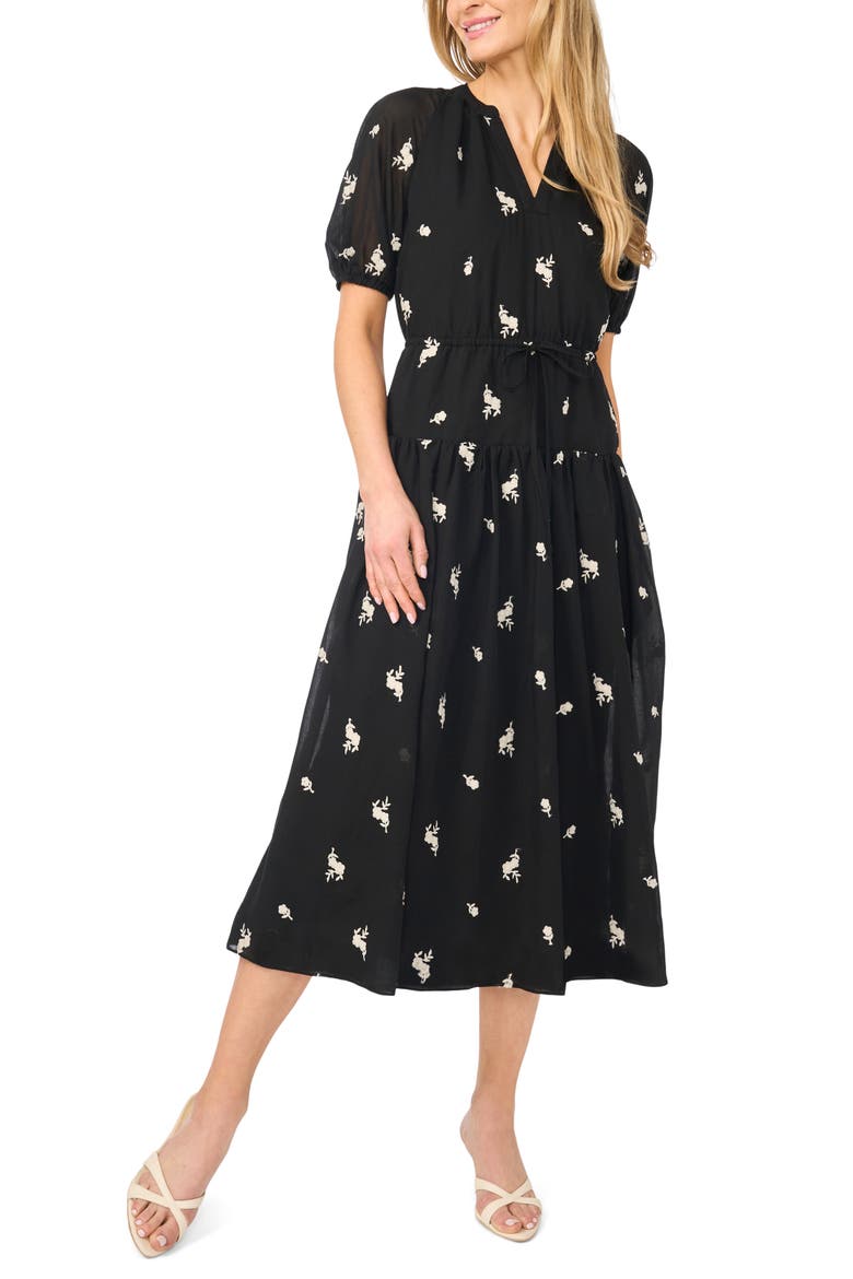Puff Sleeve Tie Waist Midi Dress, Main, color, RICH BLACK