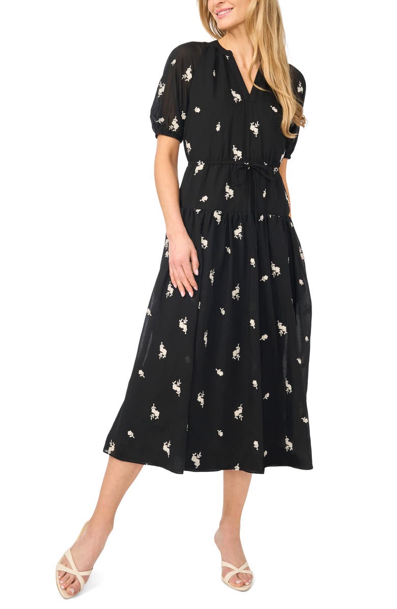 CeCe Puff Sleeve Tie Waist Midi Dress, Main, color,