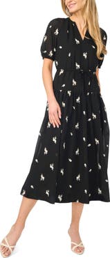 CeCe Puff Sleeve Tie Waist Midi Dress