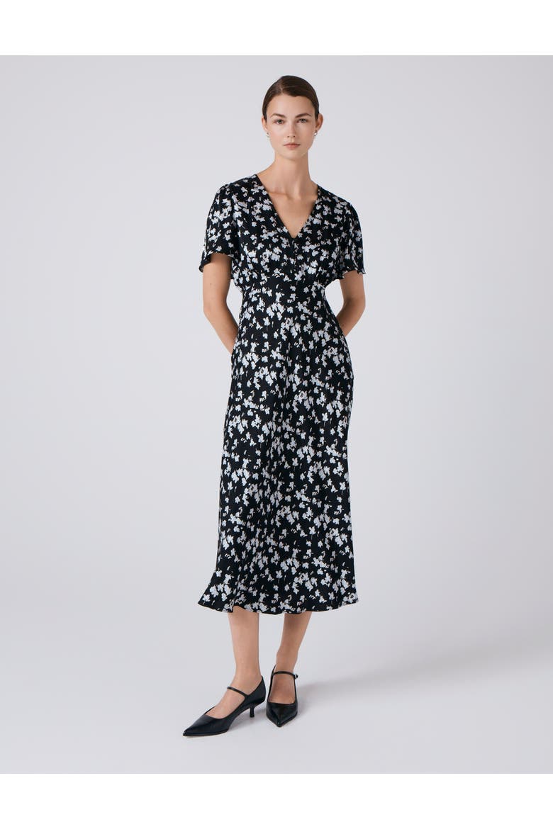 Elizabeth Floral Satin Midi Tea Dress, Main, color, Black Floral