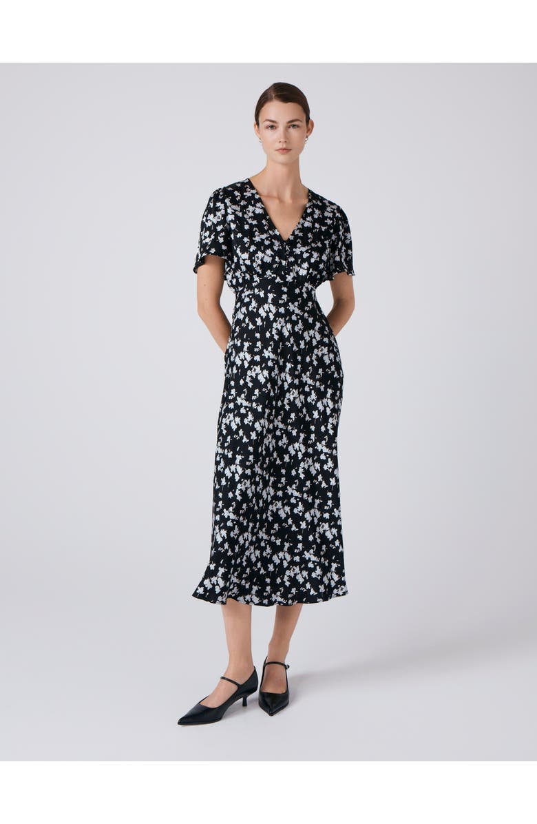 Ghost London Elizabeth Floral Satin Midi Tea Dress, Main, color, Black Floral
