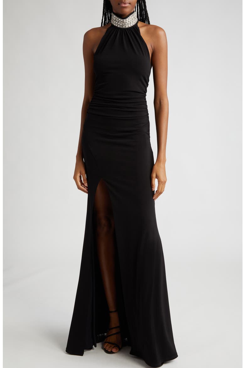 Izzy Ruched Embellished Neck Gown, Main, color, BLACK