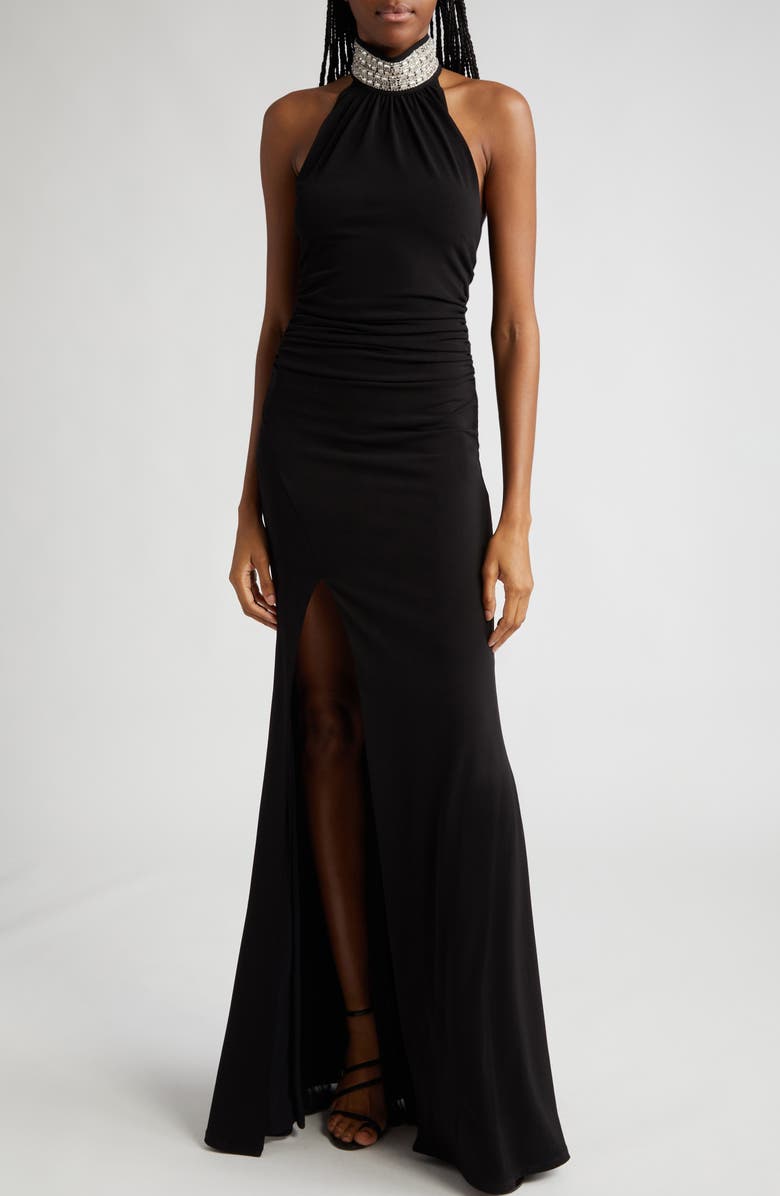 Cinq à Sept Izzy Ruched Embellished Neck Gown, Main, color, 
