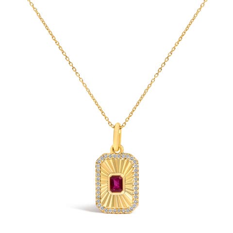10K Yellow Gold 4x3 MM Ruby and 1/10 Cttw Diamond Rectangular Fluted Medallion Pendant Necklace