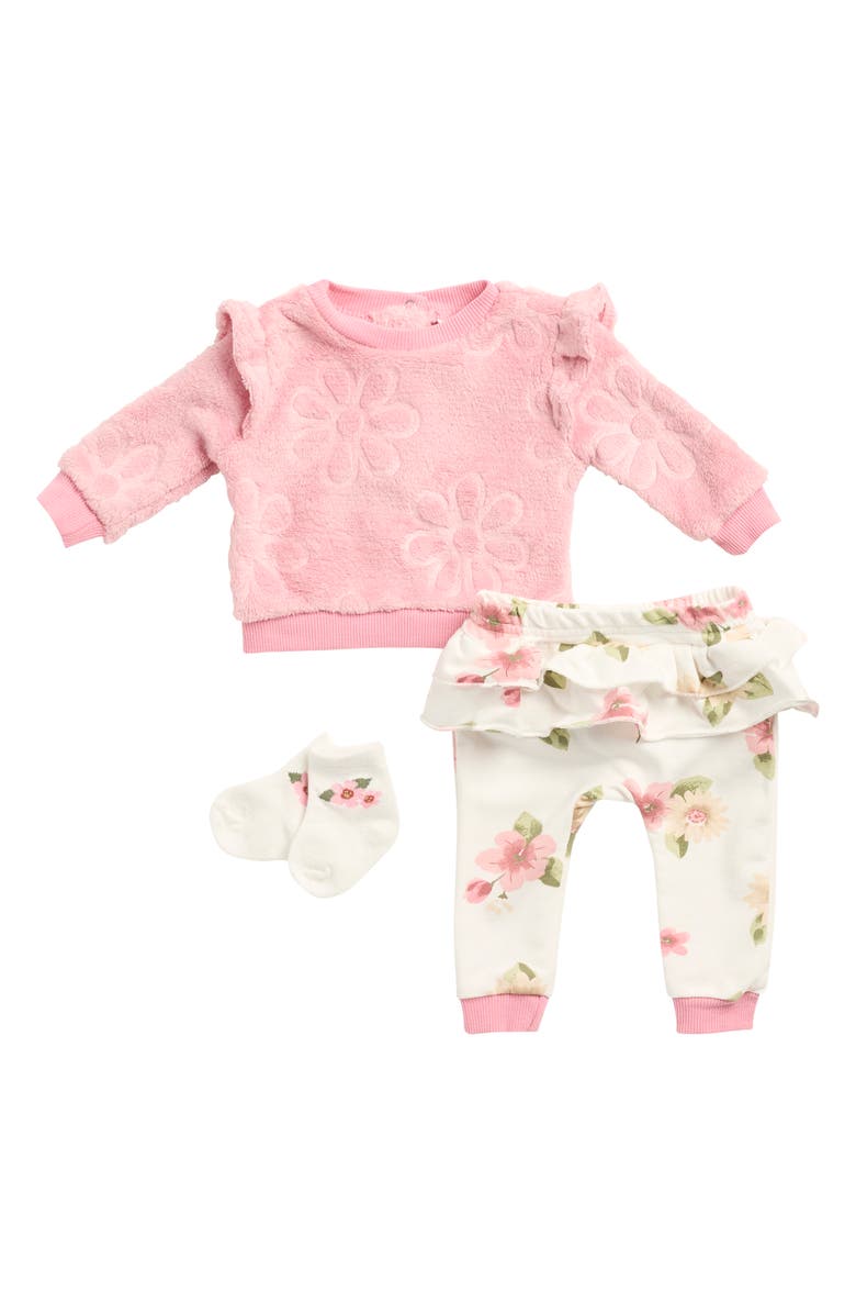 BABY STARTERS 3D Floral Pullover, Joggers & Socks Set, Main, color, 