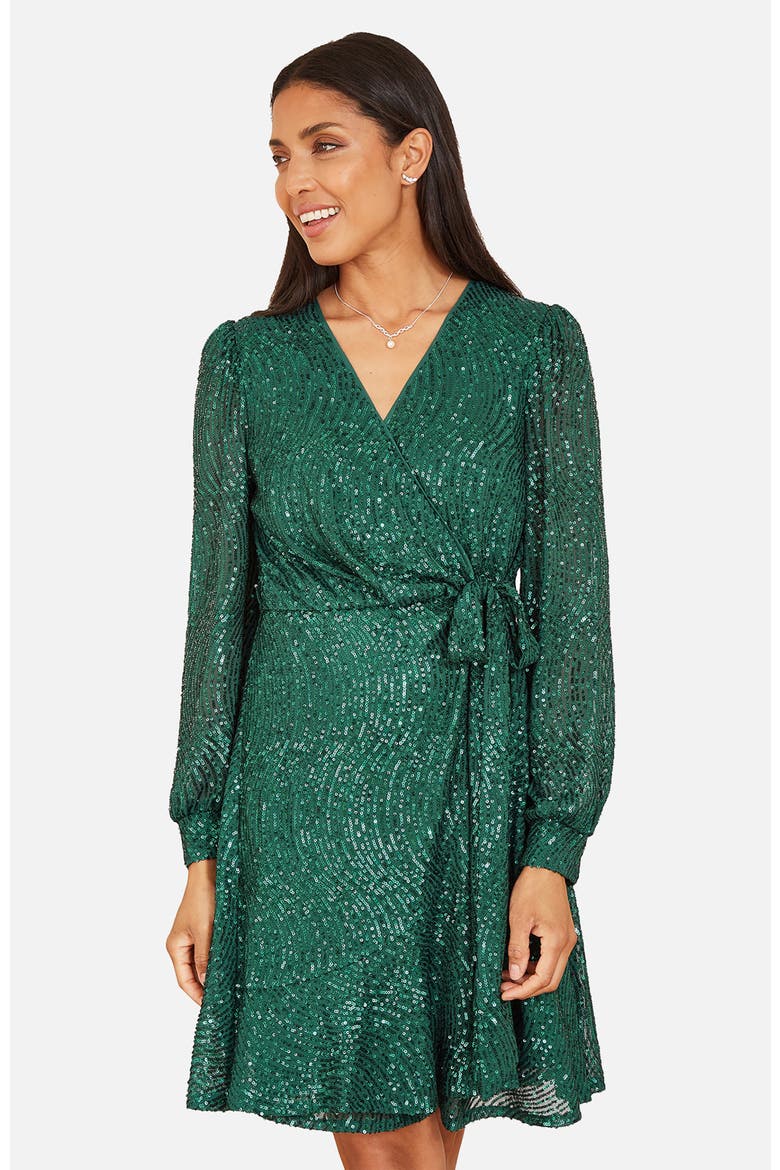 Sequin Long Sleeve Frill Wrap Dress, Alternate, color, Green