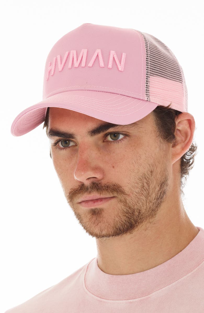 HVMAN Logo Mesh Trucker Hat, Alternate, color, Coral