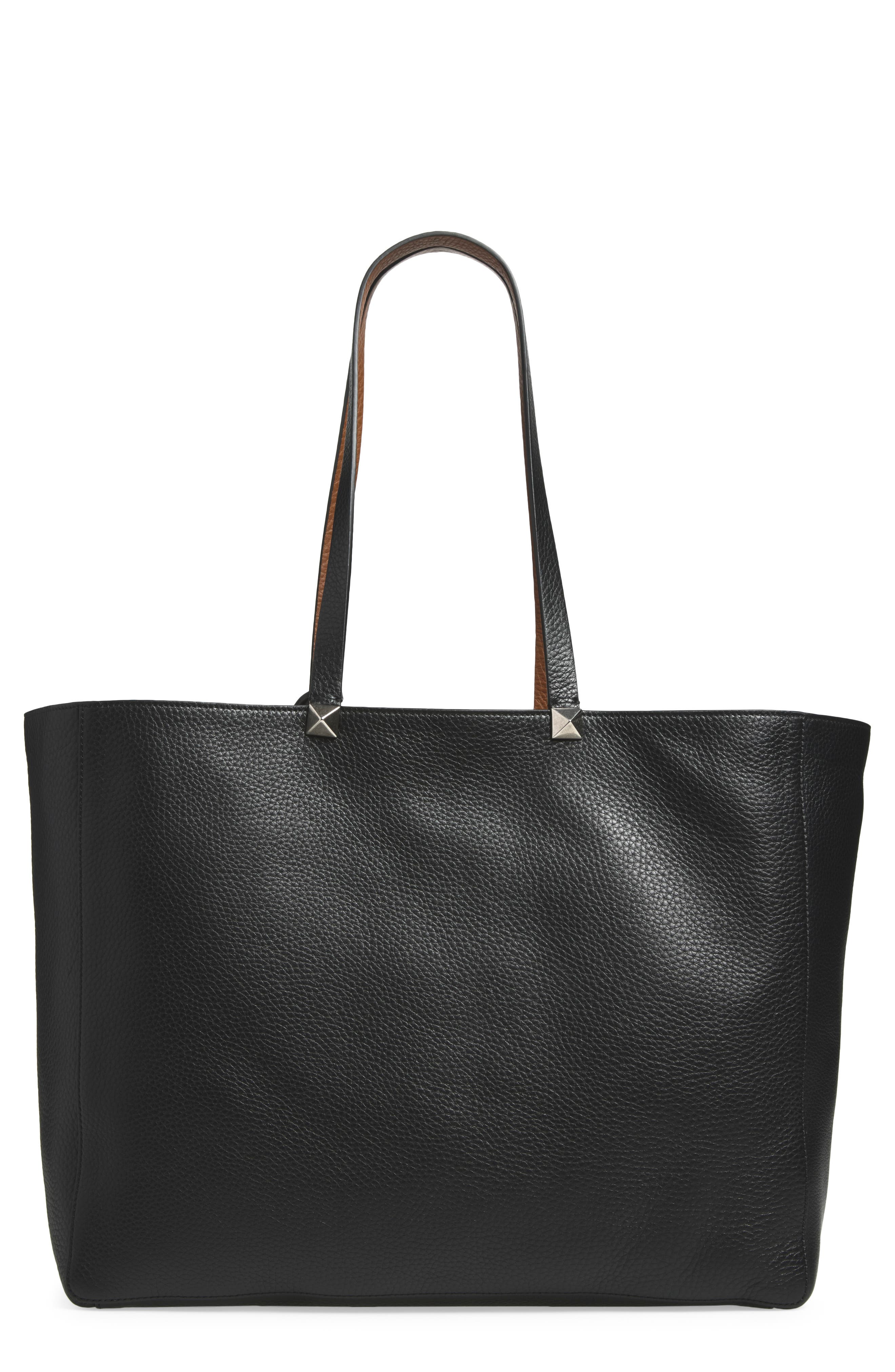 Rockstud Reversible Leather Tote, Main, color, LIGHT BROWN