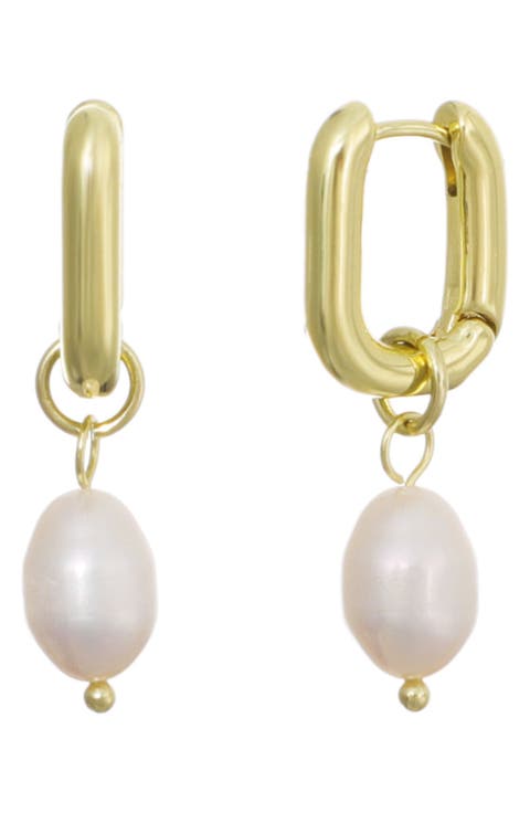 14K Gold Plated Detachable Freshwater Pearl Drop Hoop Earrings