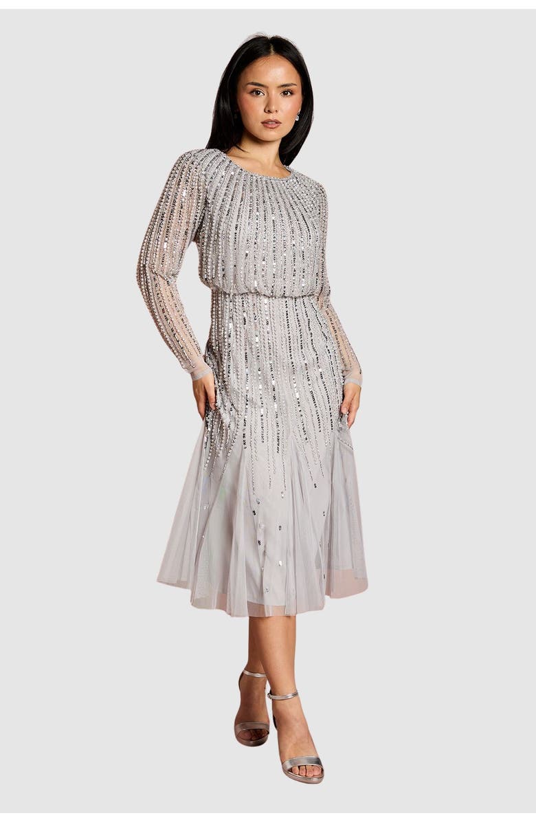 Coast Petite Party Sequin Midi Dress, Main, color, Grey Mist