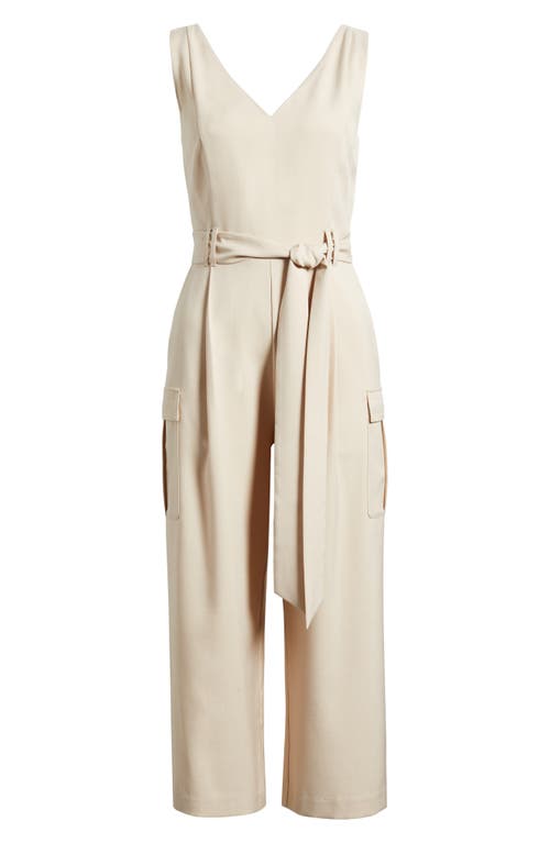 Tahari Asl Tie Waist Sleeveless Stretch Cargo Jumpsuit In Sand