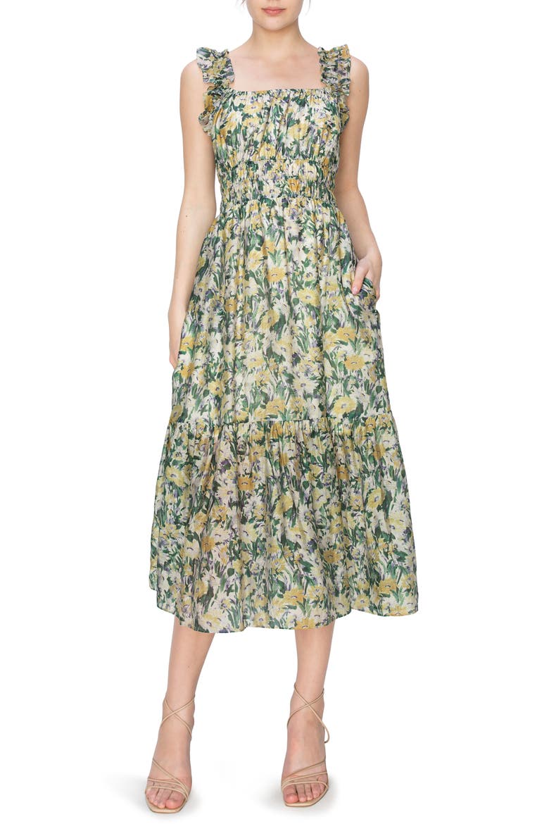 Floral Ruffle Shirred Midi Sundress, Main, color, GREEN/ YELLOW