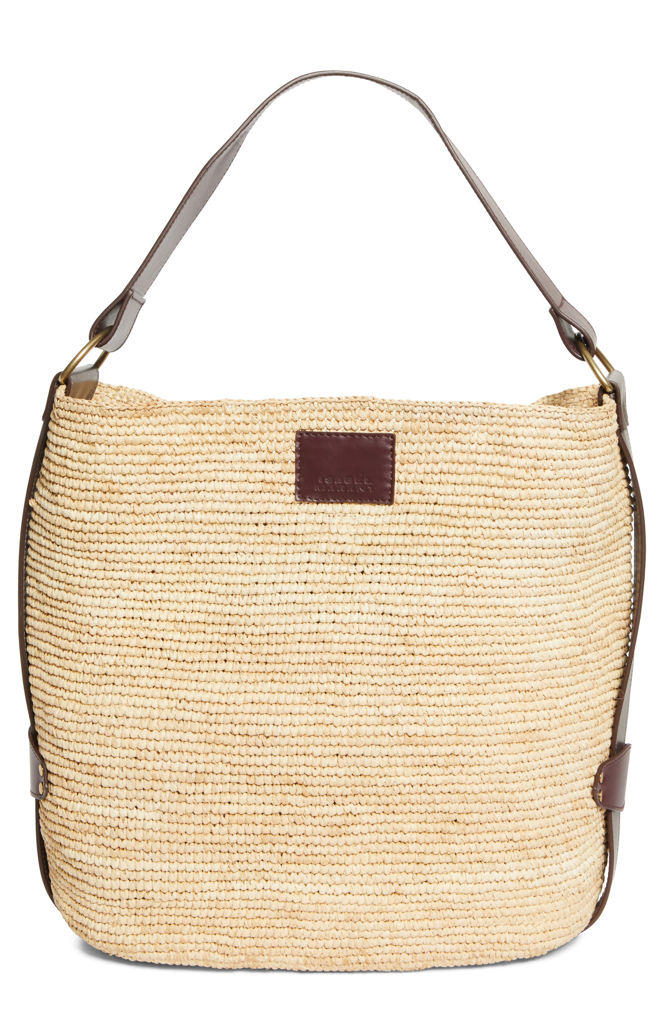 Isabel Marant Bayia Crocheted Raffia Tote, Main, color, Anthracite/ Burgundy