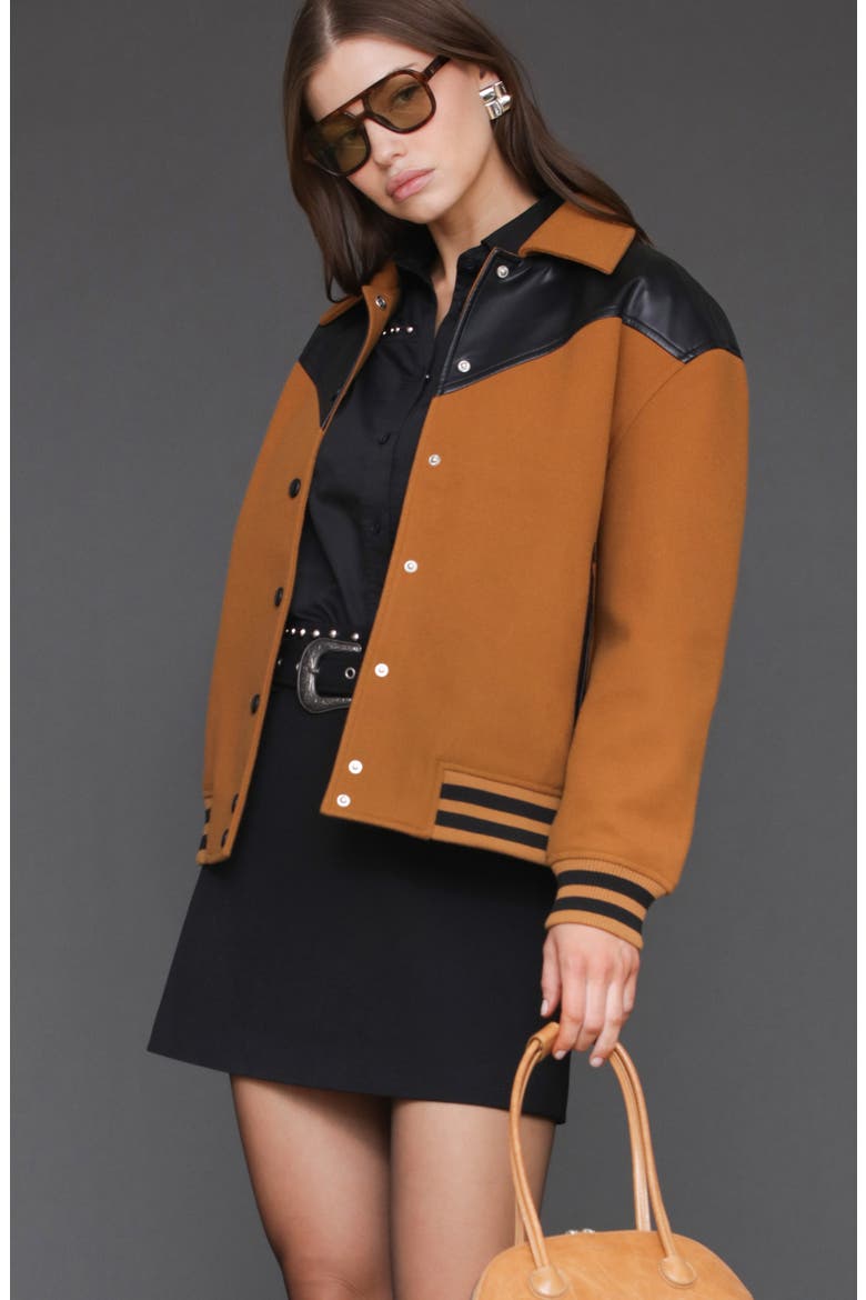 Oversize Western Varsity Jacket, Alternate, color, DARK CAMELBLACK