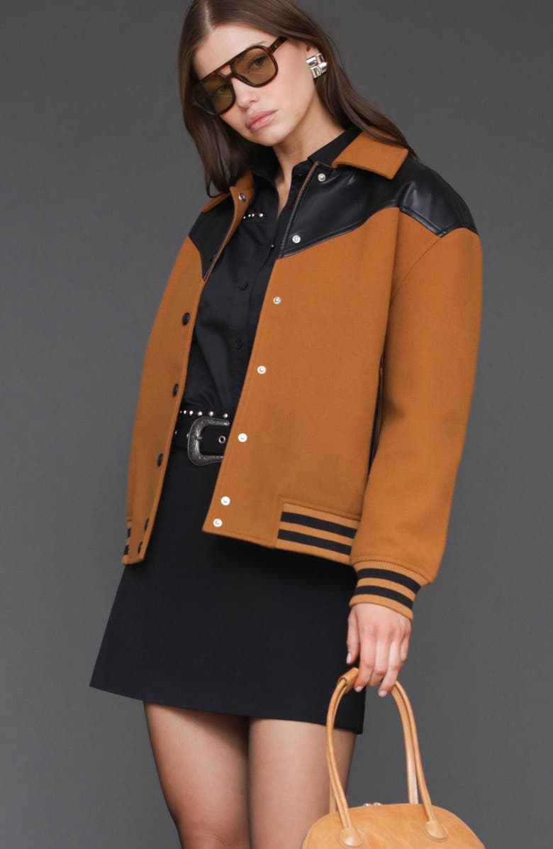 Avec Les Filles Oversize Western Varsity Jacket, Alternate, color, Dark Camelblack
