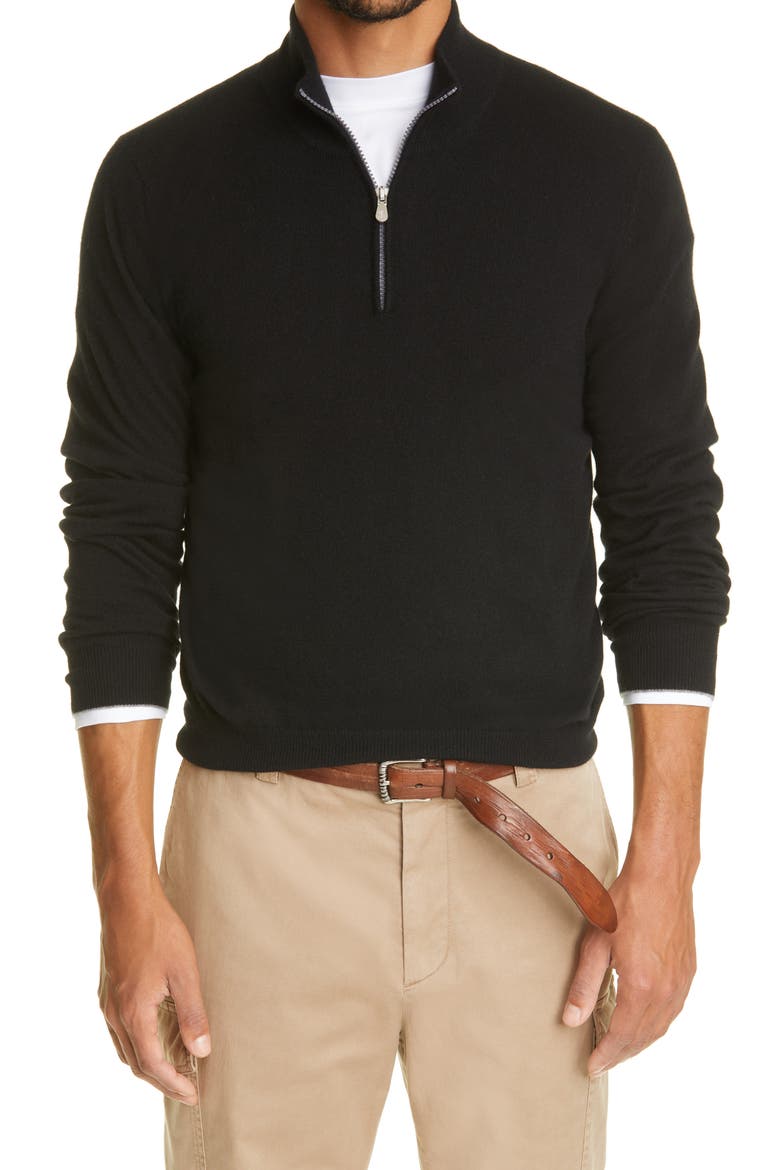 Quarter Zip Cashmere Pullover, Main, color, BLACK