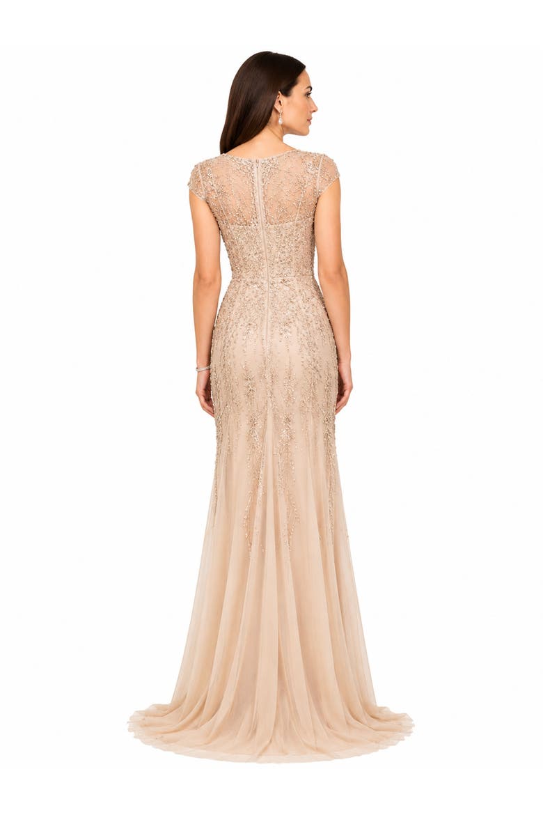 Short Sleeve Sheath Beaded Gown, Alternate, color, Nude
