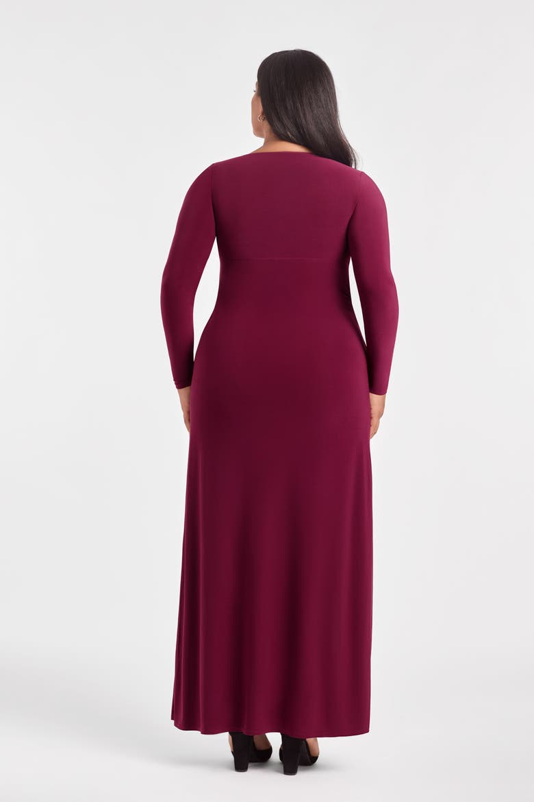 Sculpting Shapewear Shirred V-Neck Long Sleeve Solid Maxi Dress, Alternate, color, Cherry Mocha