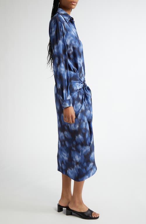 Michael Kors Collection Abstract Print Tie Front Long Sleeve Shirtdress In Blue
