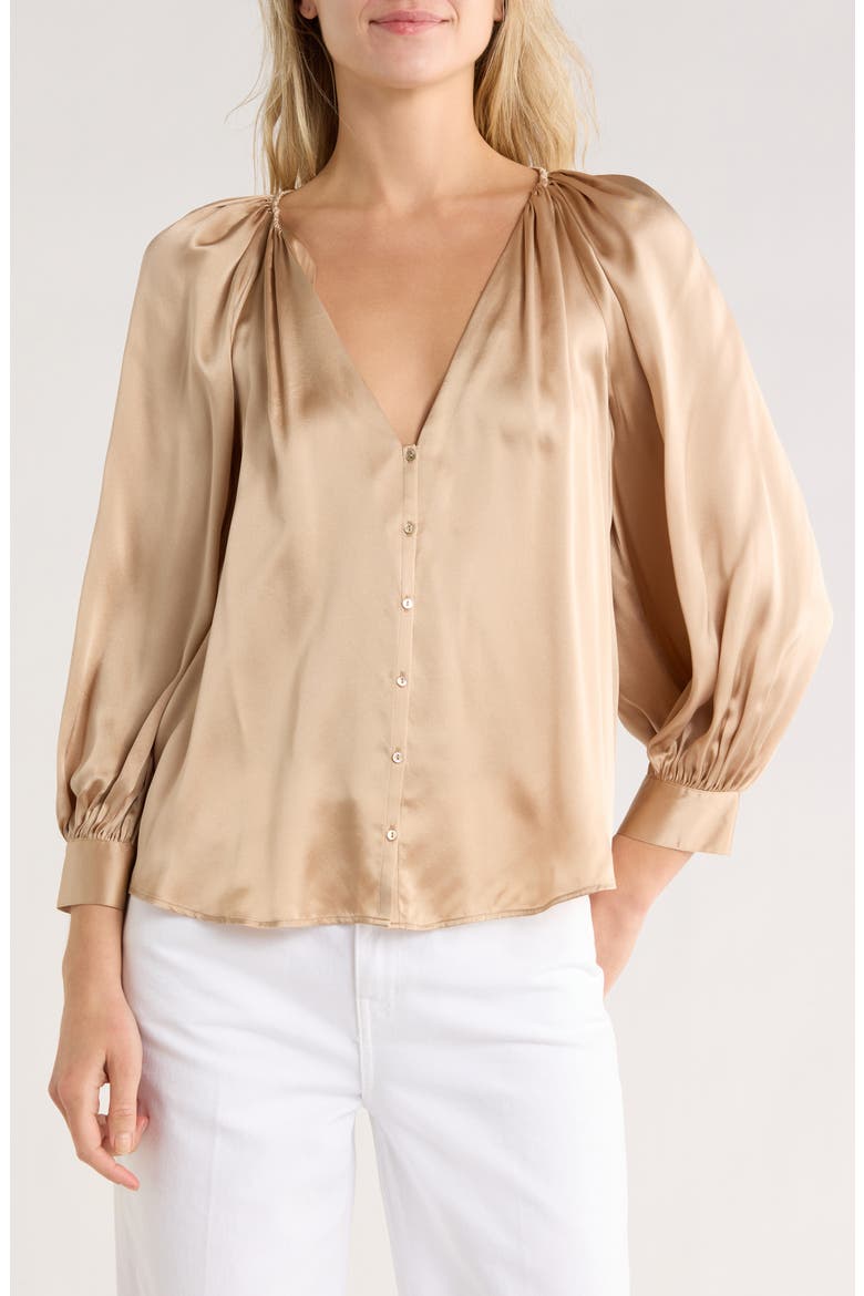 Kaili Balloon Sleeve Silk Button-Up Shirt, Main, color, ALMOND