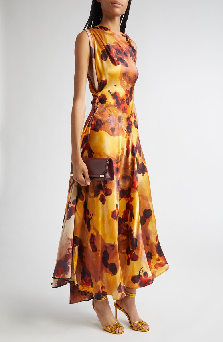 Victoria Beckham Abstract Floral Asymmetric Silk Midi Dress, Alternate, color, Amber