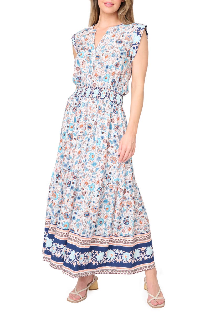 GIBSONLOOK Bohemian Floral Smocked Waist Dress, Main, color, Denim Combo