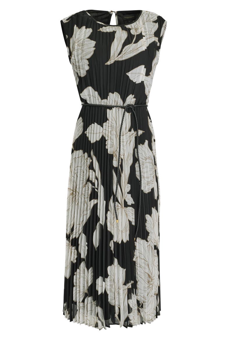 Belted Pleated Midi Dress, Alternate, color, BLACK/ FAWN/ CREAM