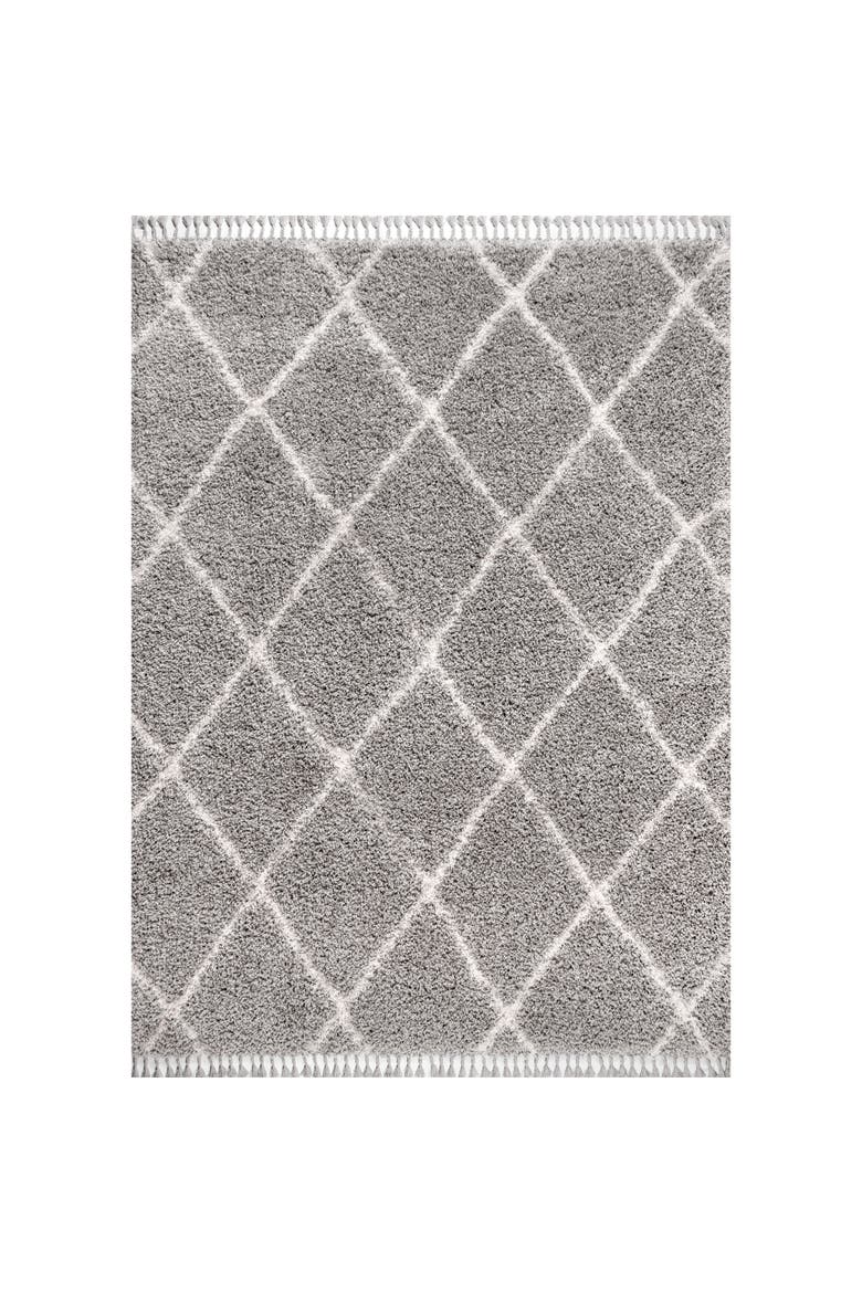 Mercer Shag Plush Tassel Moroccan Geometric Trellis Denim Area Rug, Main, color, Gray/Cream