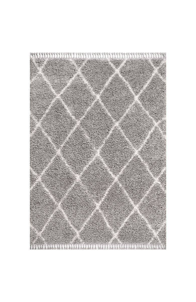 JONATHAN Y Mercer Shag Plush Tassel Moroccan Geometric Trellis Denim Area Rug, Main, color, Gray/Cream