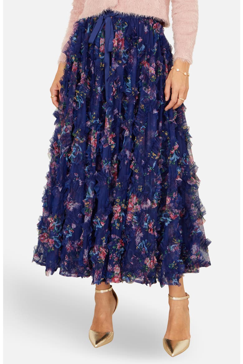 Floral Ruffle Mesh Midi Skirt, Main, color, Navy