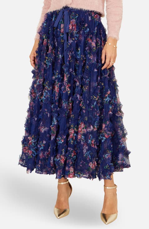 Floral Ruffle Mesh Midi Skirt