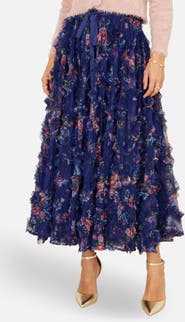 Yumi Floral Ruffle Mesh Midi Skirt