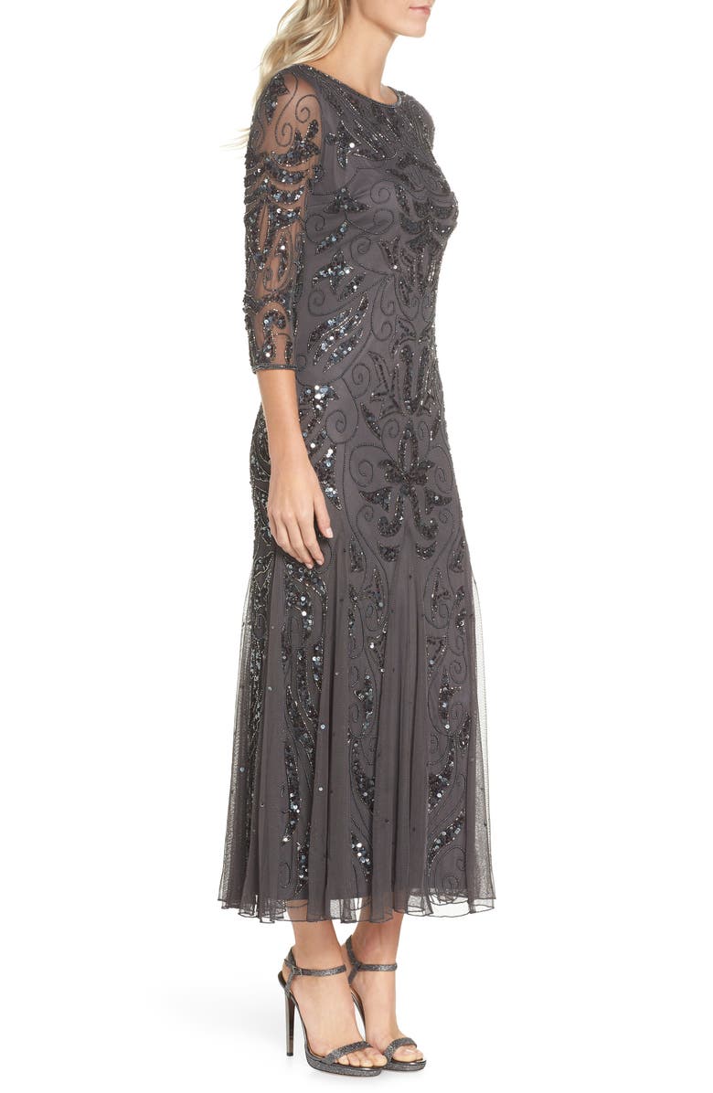 Pisarro Nights Illusion Sleeve Beaded A-Line Gown, Alternate, color, 