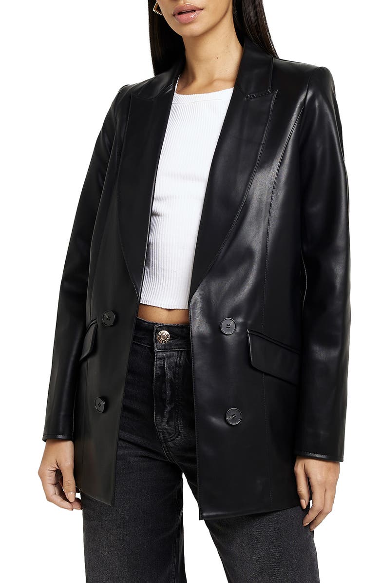 River Island Double Breasted Faux Leather Blazer, Main, color,