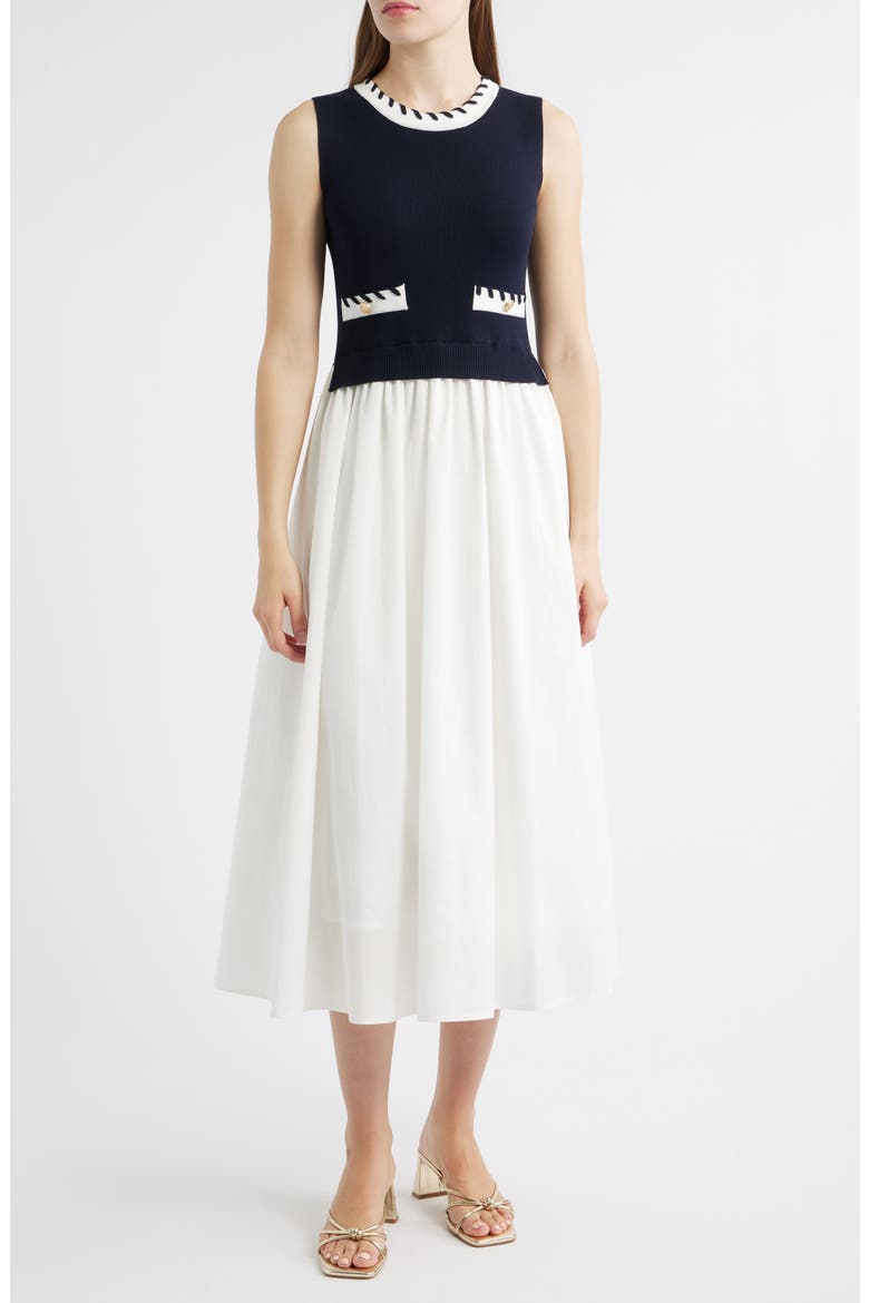 Stitch Piping Mixed Media Midi Dress, Main, color, NAVY