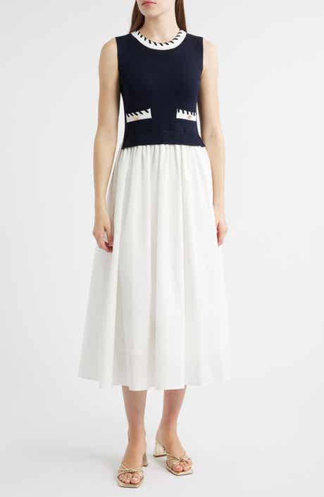 ZOE AND CLAIRE Stitch Piping Mixed Media Midi Dress