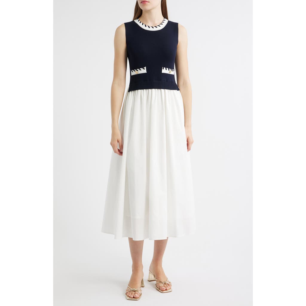 Zoe And Claire Stitch Piping Mixed Media Midi Dress In Blue