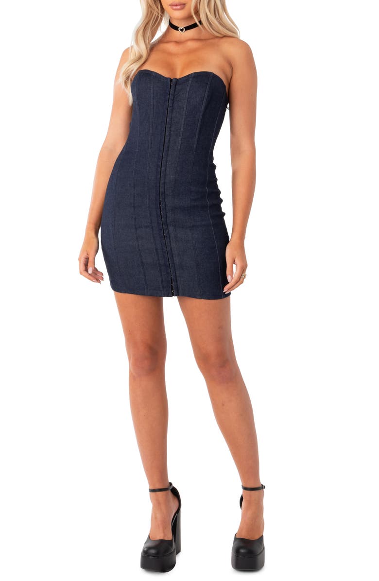 EDIKTED Sweetheart Neck Lace-Up Denim Corset Minidress, Main, color, 