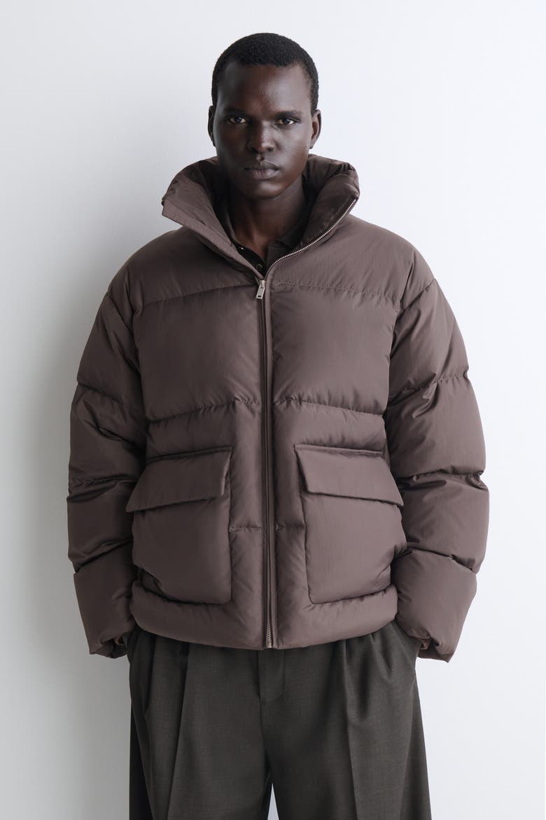 Mock-neck Nylon Down Puffer Jacket, Alternate, color, GRAY-BROWN