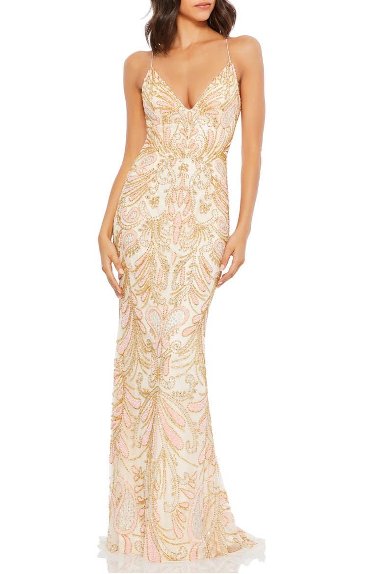 Beaded Strappy Back Gown, Main, color, CHAMPAGNE