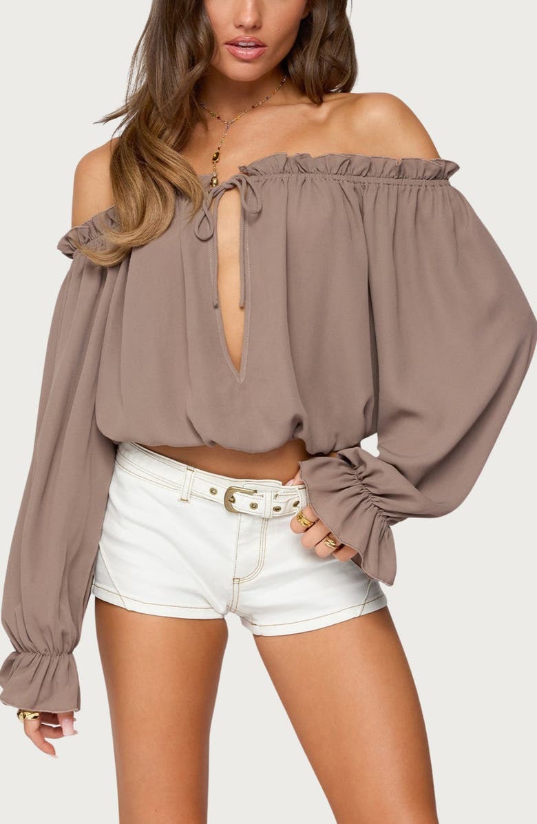 EDIKTED Juna Off the Shoulder Ruffle Chiffon Top, Main, color, Brown