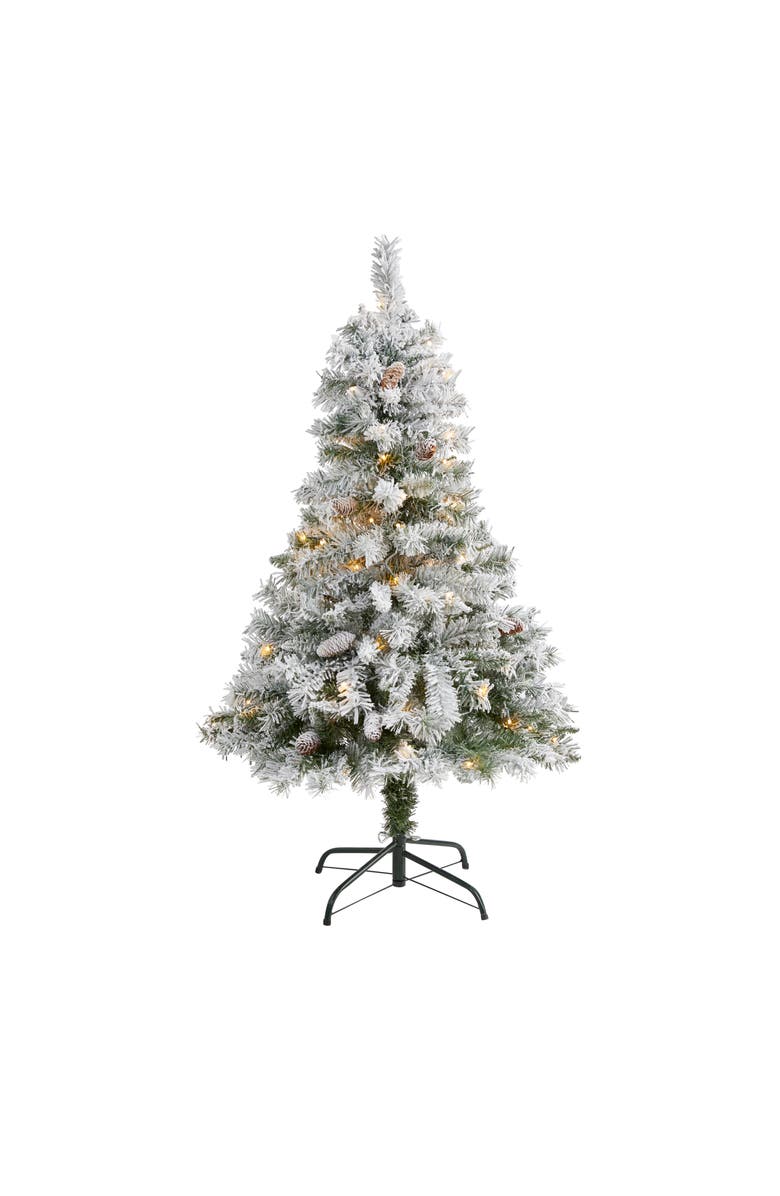 NEARLY NATURAL 4-ft Flocked White River Mountain Pine Artificial Christmas Tree with Pinecones and 100 Clear LED Lights, Main, color, Green